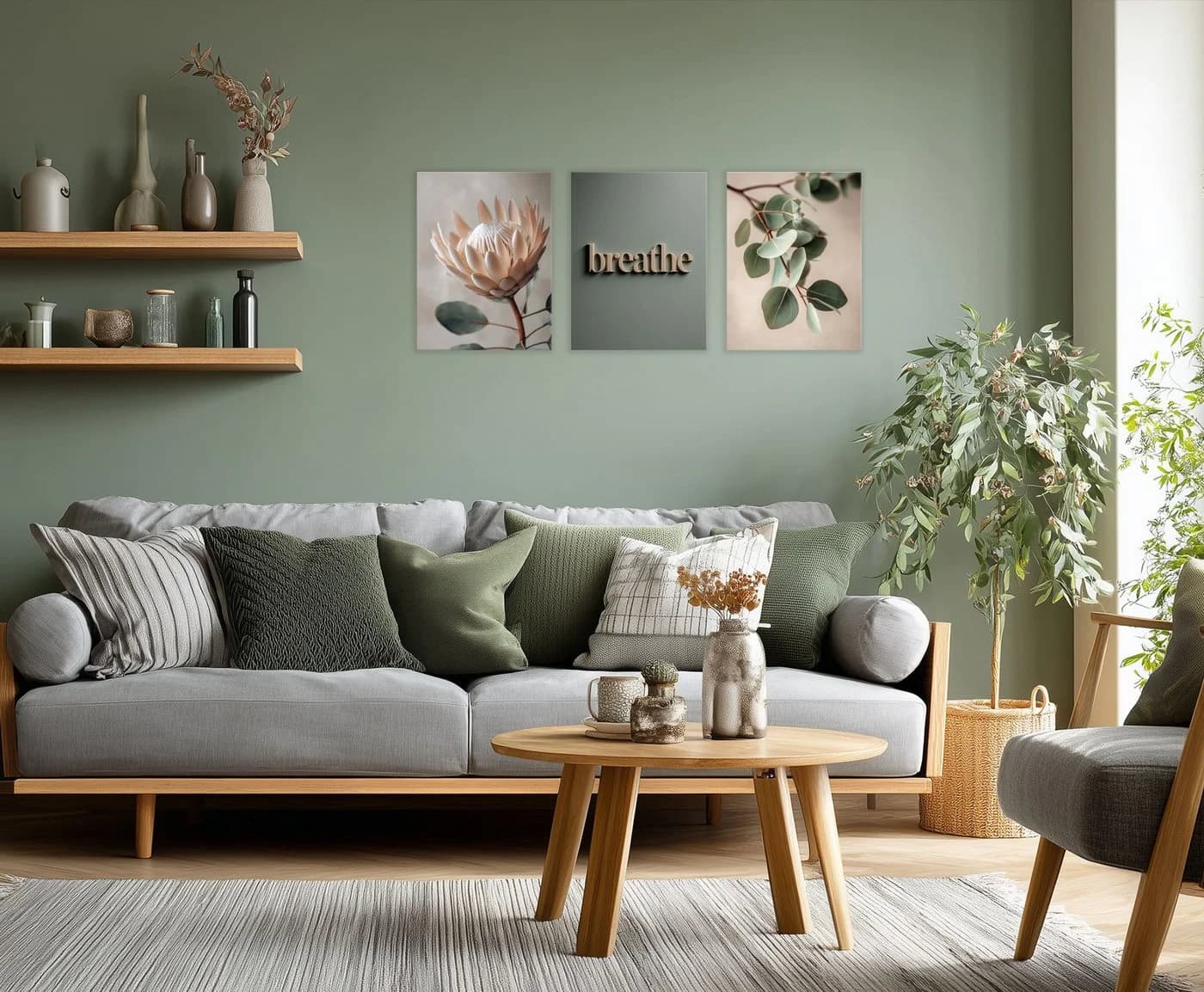 artissimo 3er-Bilder-Set Japandi Wanddeko Protea Eukalyptus Salbei-Grün Beige
