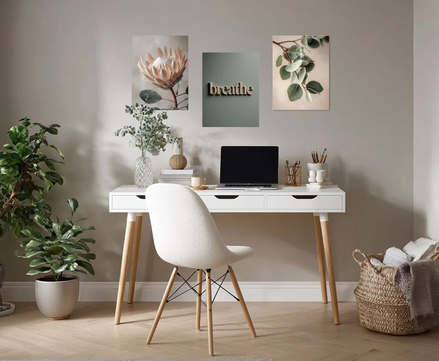 artissimo 3er-Bilder-Set Japandi Wanddeko Protea Eukalyptus Salbei-Grün Beige - Bild 3