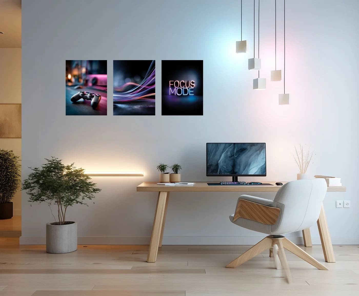 artissimo Gaming Wandbilder-Set 3er Neon Setup Blau Lila Schwarz