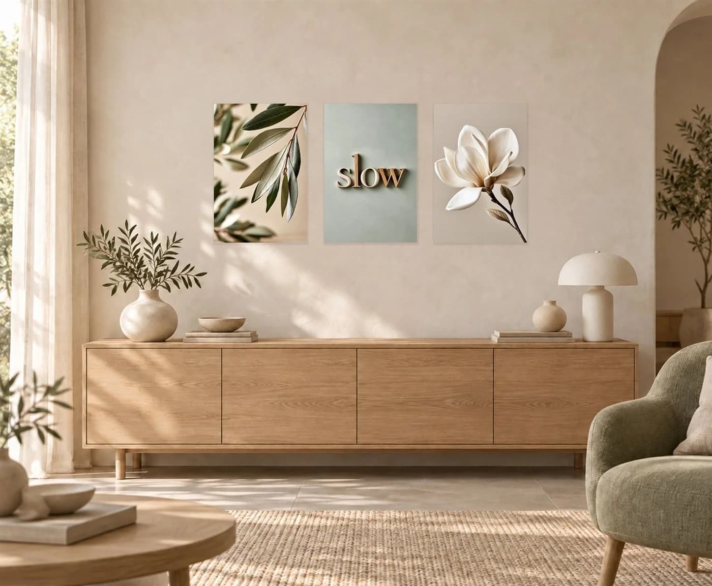 artissimo 3er-Bilderset Wanddeko Japandi Blumen Magnolie Beige Grün