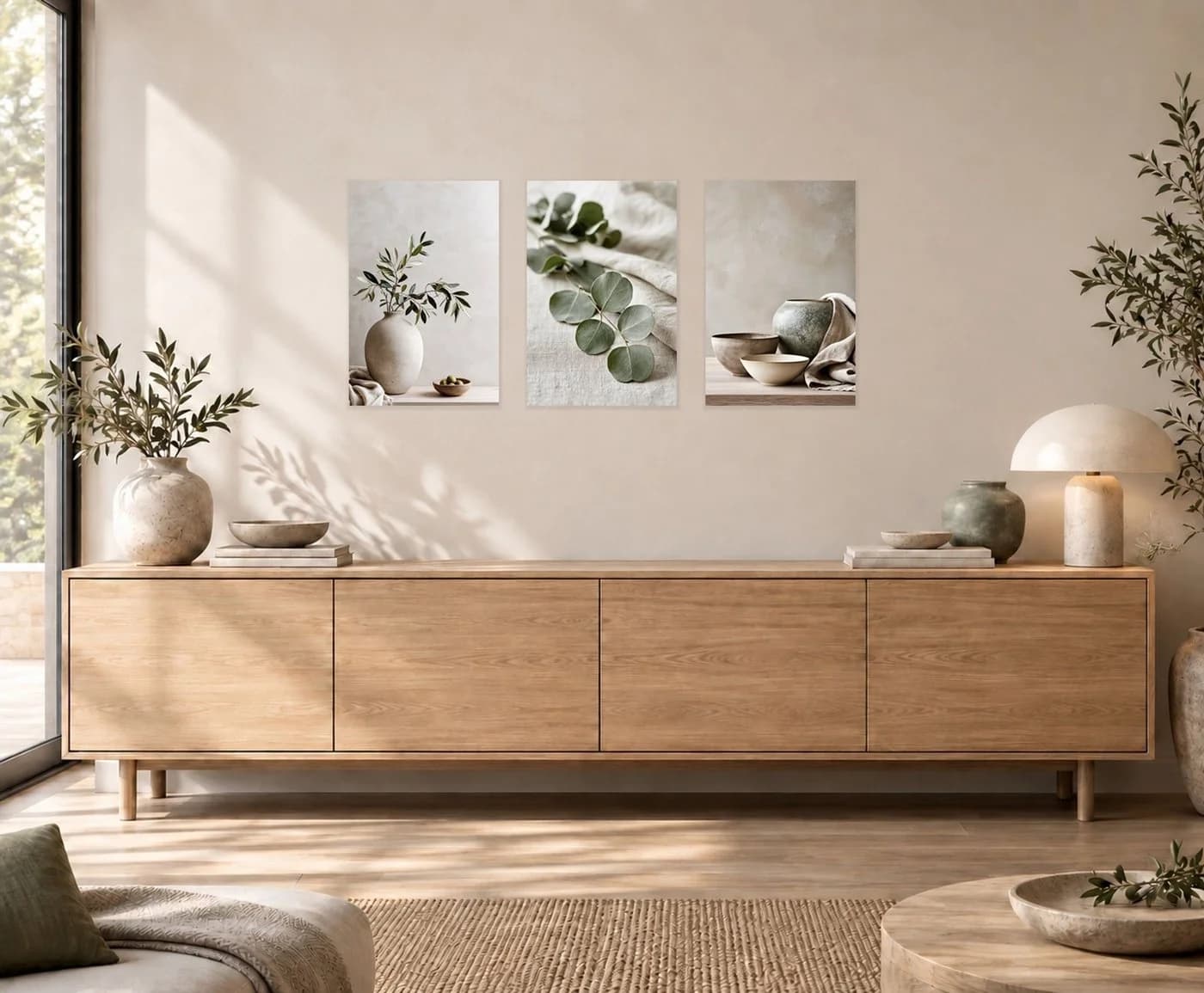 artissimo 3er-Bilderset Japandi Wanddeko Eukalyptus Beige Grau Grün