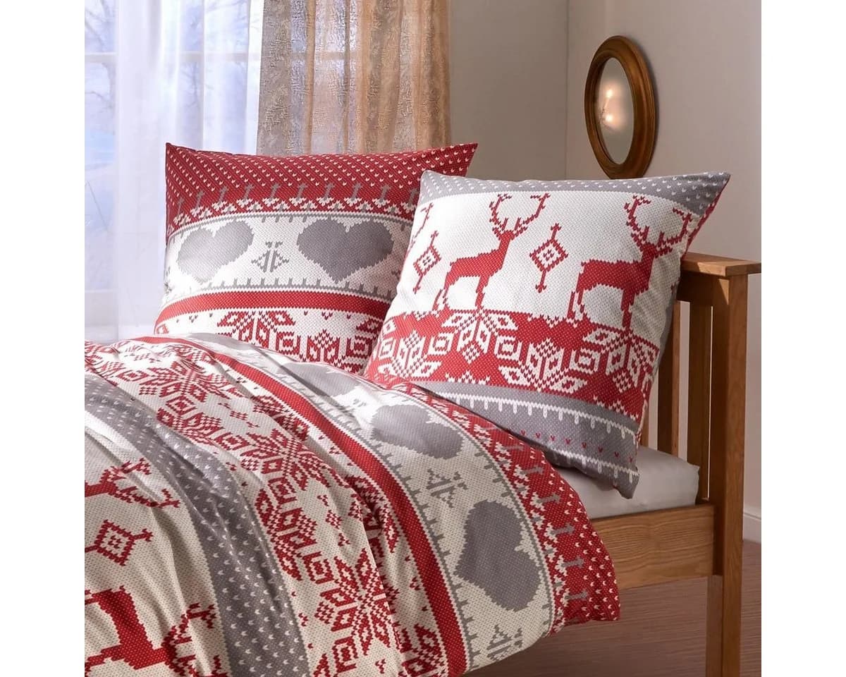 TRAUMSCHLAF Bettwäsche Hirsch Flanell 2-teilig Rot/Weiß Strickoptik