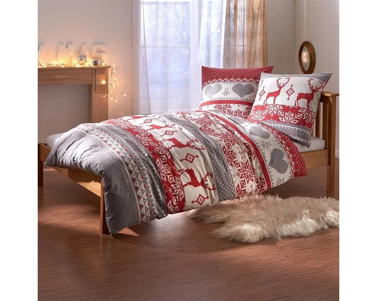 TRAUMSCHLAF Bettwäsche Hirsch Flanell 2-teilig Rot/Weiß Strickoptik - Bild 2