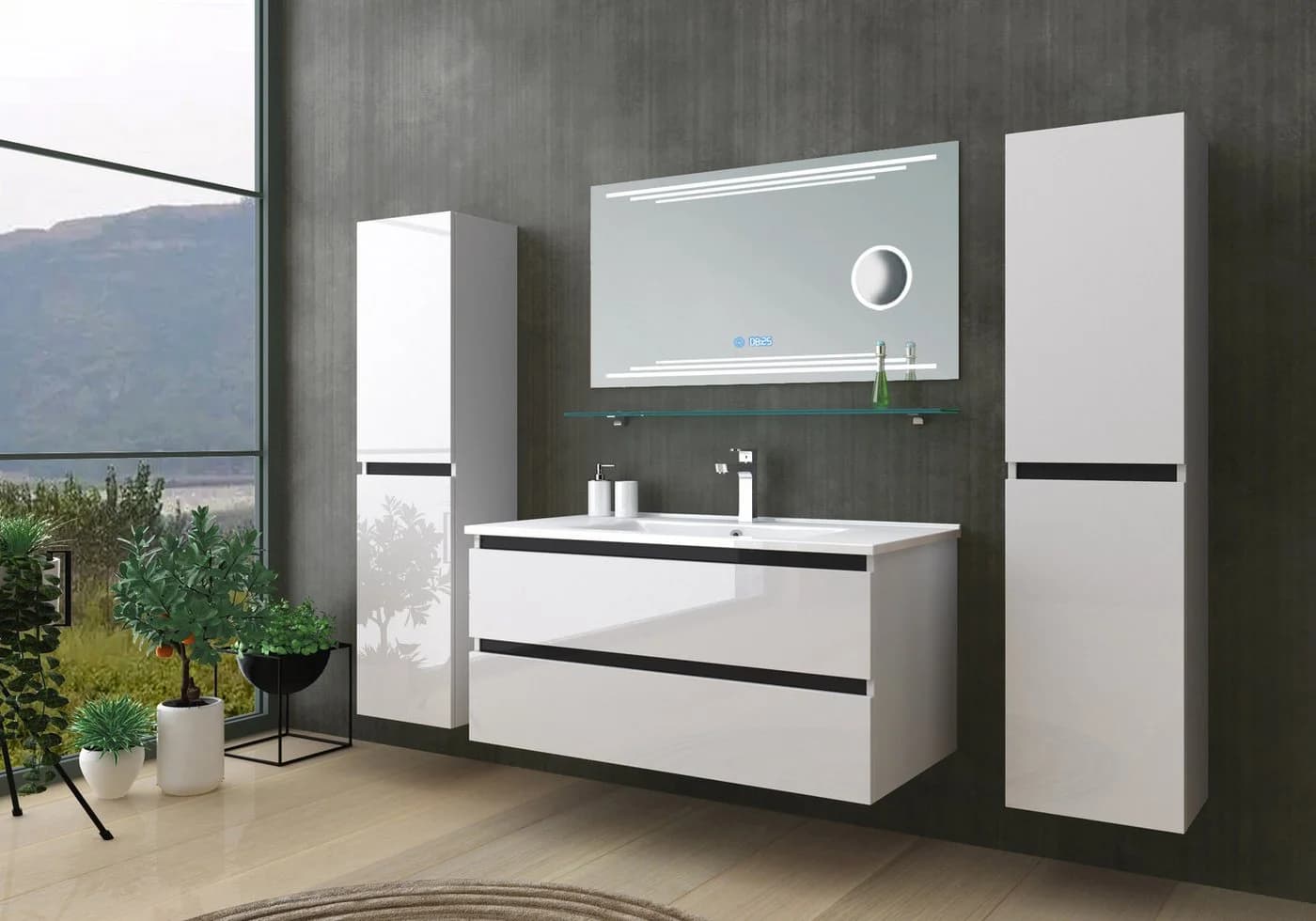 Homeline Badmöbel-Set 6-teilig Schwarz Hochglanz mit Keramik Becken