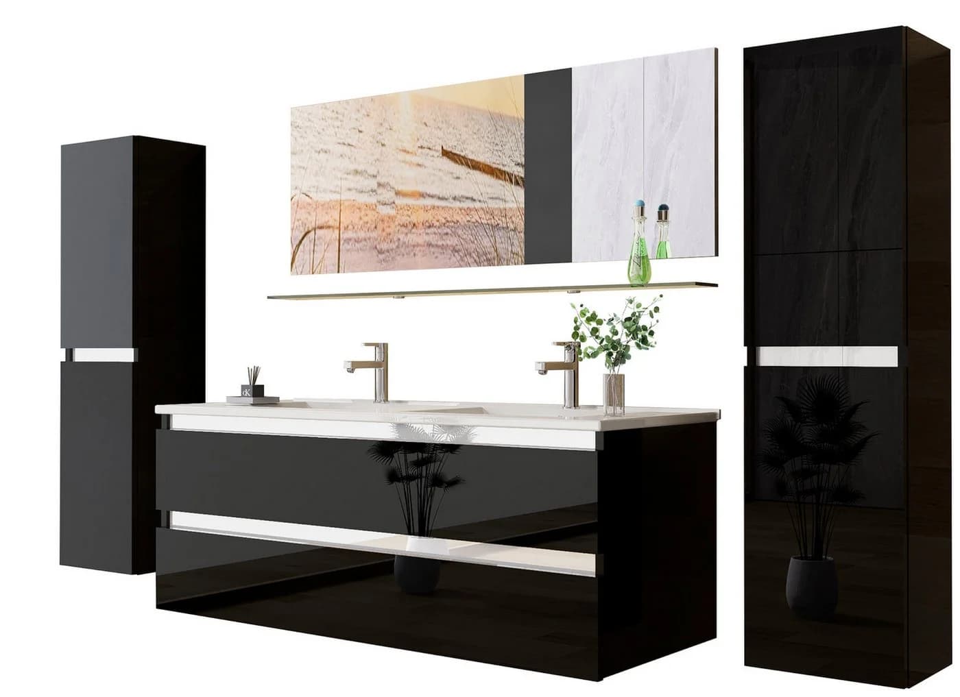 Homeline Badmöbel-Set Doppelwaschtisch Hochglanz Schwarz 120 cm - Bild 2