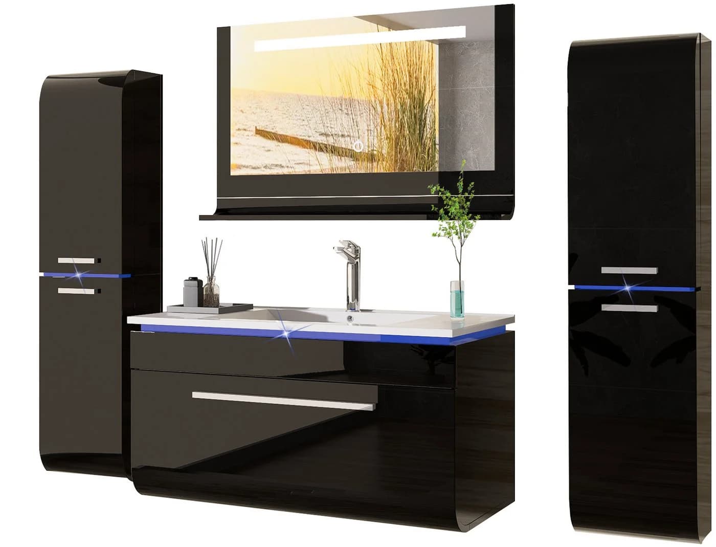 Homeline Badmöbel-Set 6-tlg. Hochglanz Lackiert MDF Holz mit LED & Softclose - Bild 2