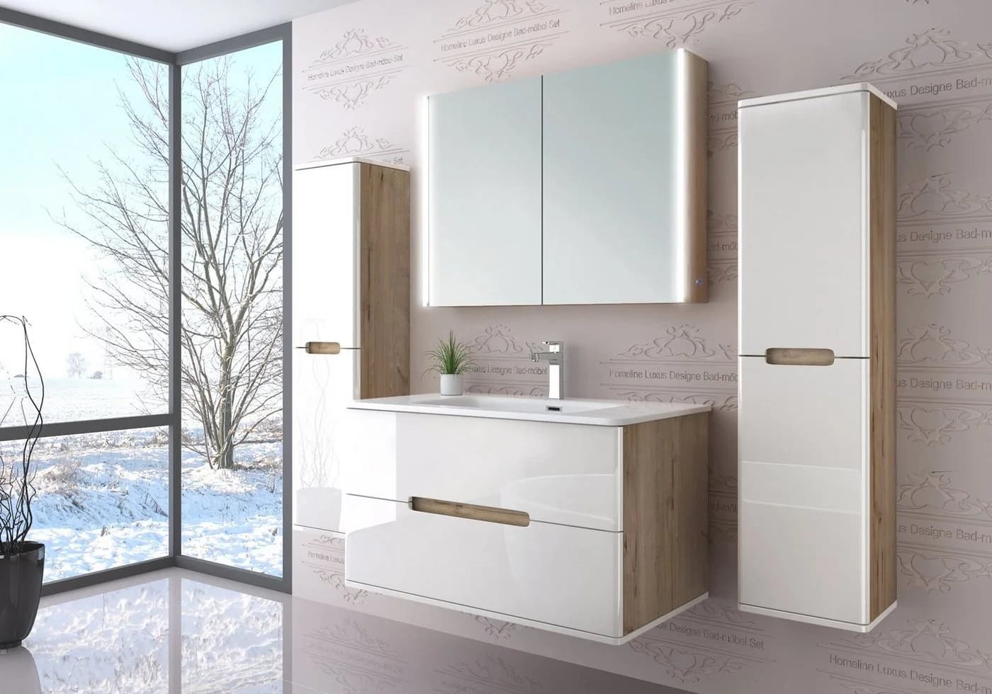Homeline Badmöbel-Set Sky 5-tlg. Weiß/Schwarz Hochglanz mit Spiegelschrank
