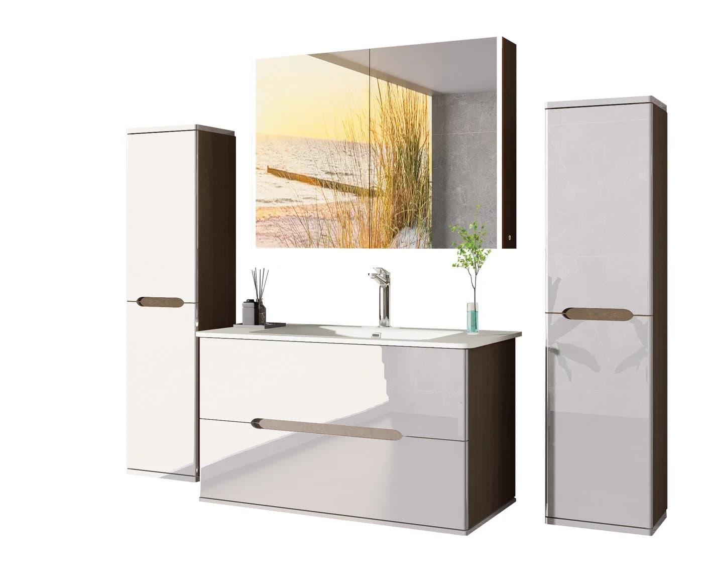 Homeline Badmöbel-Set Sky 5-tlg. Weiß/Schwarz Hochglanz mit Spiegelschrank - Bild 2