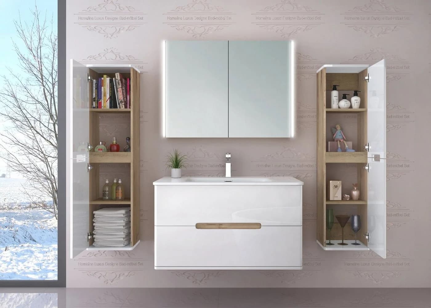 Homeline Badmöbel-Set Sky 5-tlg. Weiß/Schwarz Hochglanz mit Spiegelschrank - Bild 3