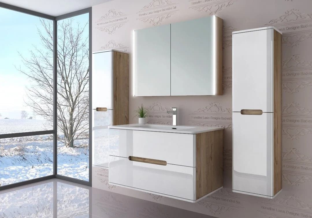 Homeline Badezimmer-Set 6-tlg. Eiche/Weiß Hochglanz mit Spiegelschrank