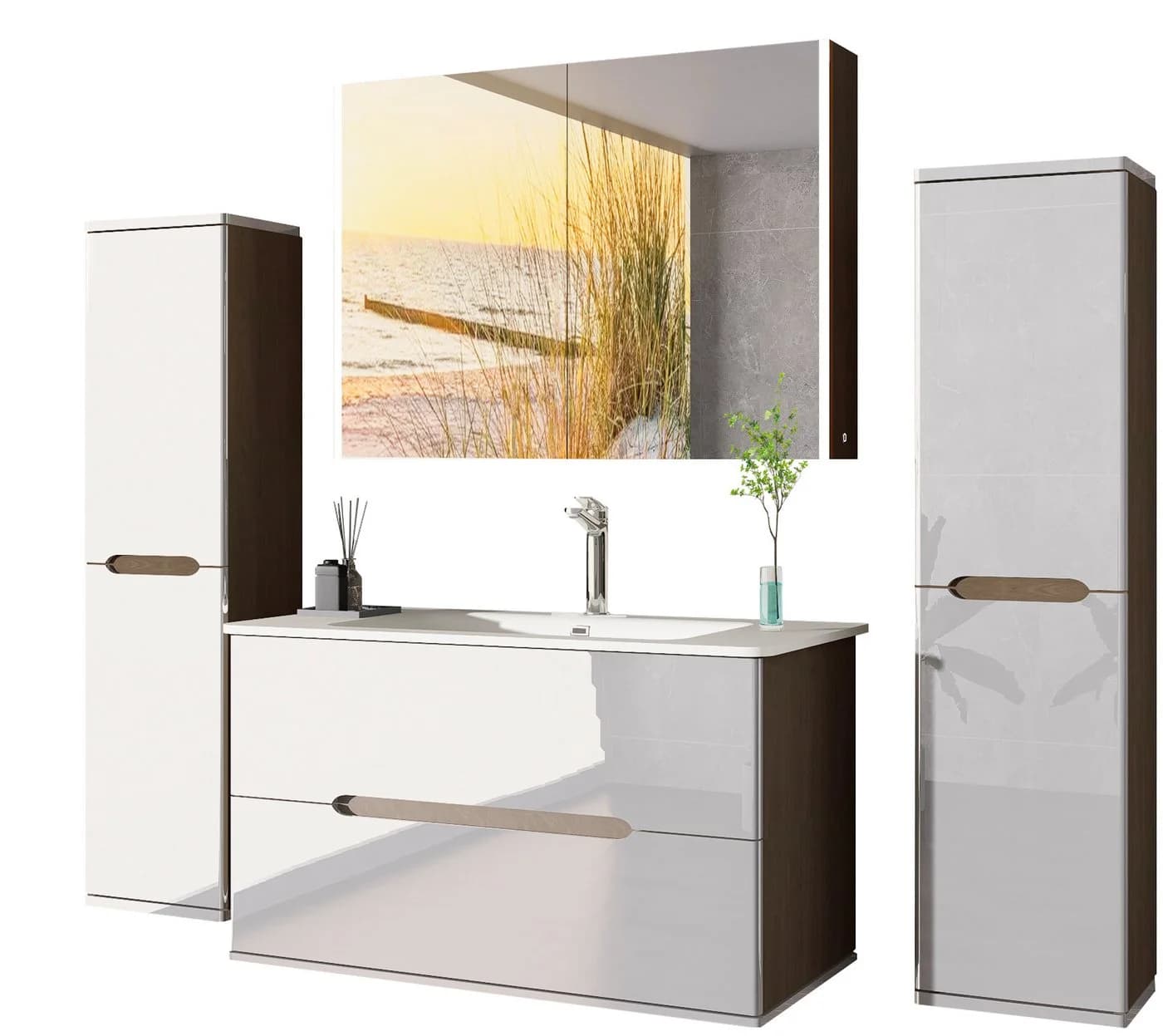 Homeline Badezimmer-Set 6-tlg. Eiche/Weiß Hochglanz mit Spiegelschrank - Bild 2