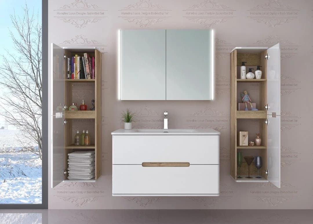Homeline Badezimmer-Set 6-tlg. Eiche/Weiß Hochglanz mit Spiegelschrank - Bild 3