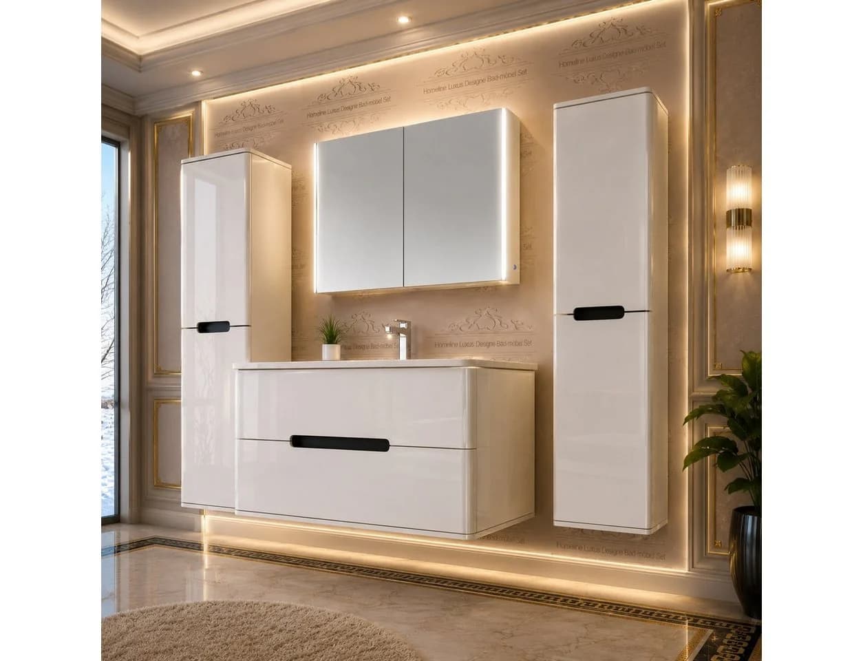 Homeline Badmöbel-Set 90 cm Hochglanz Eiche/Weiß Schwarz mit Spiegelschrank - Bild 2