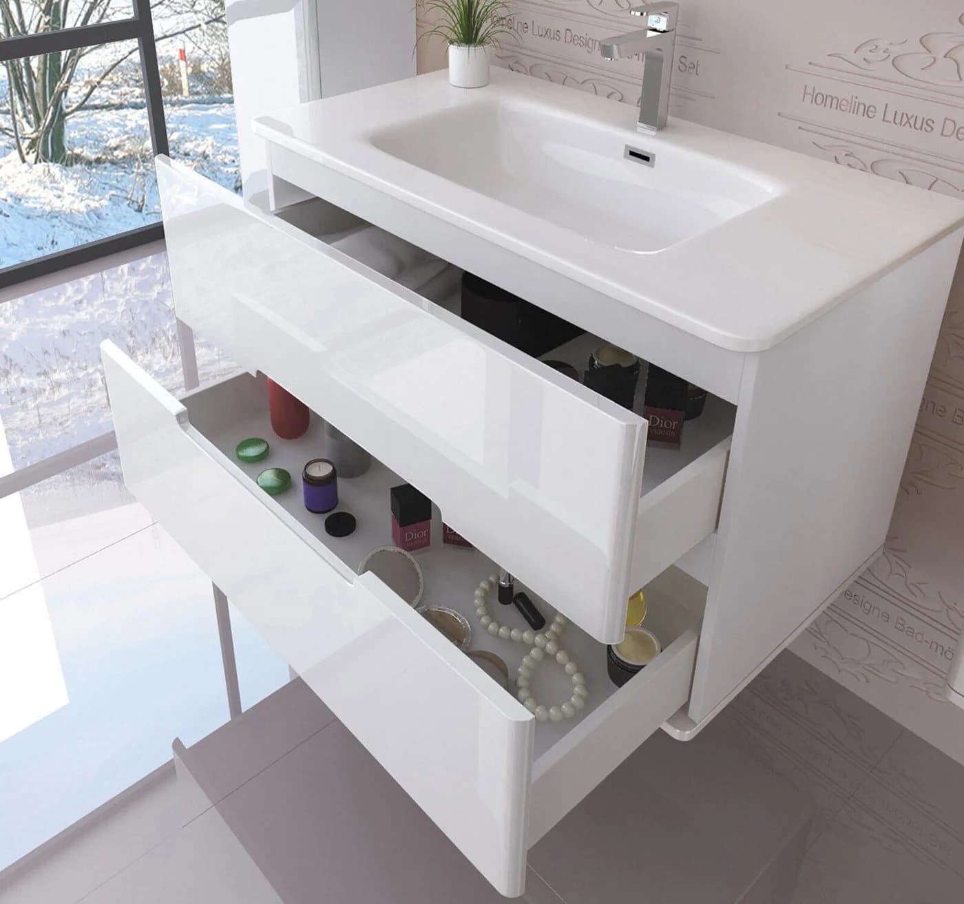 Homeline Badmöbel-Set 90 cm Hochglanz Eiche/Weiß Schwarz mit Spiegelschrank - Bild 3