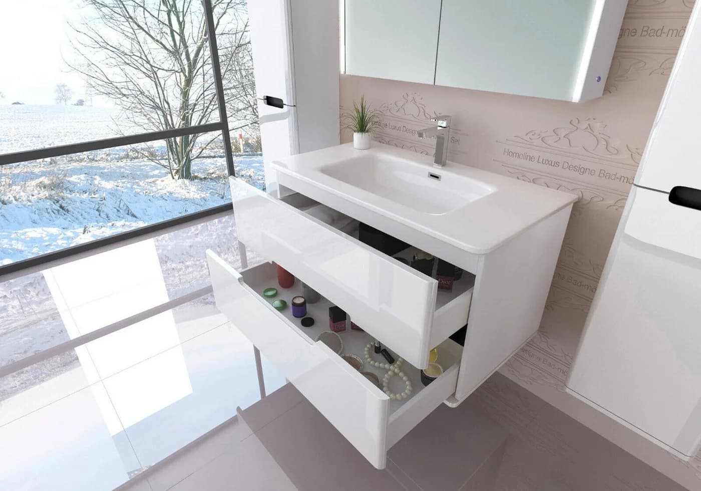 Homeline Badmöbel-Set 90 cm Hochglanz Eiche/Weiß Schwarz mit Spiegelschrank - Bild 5