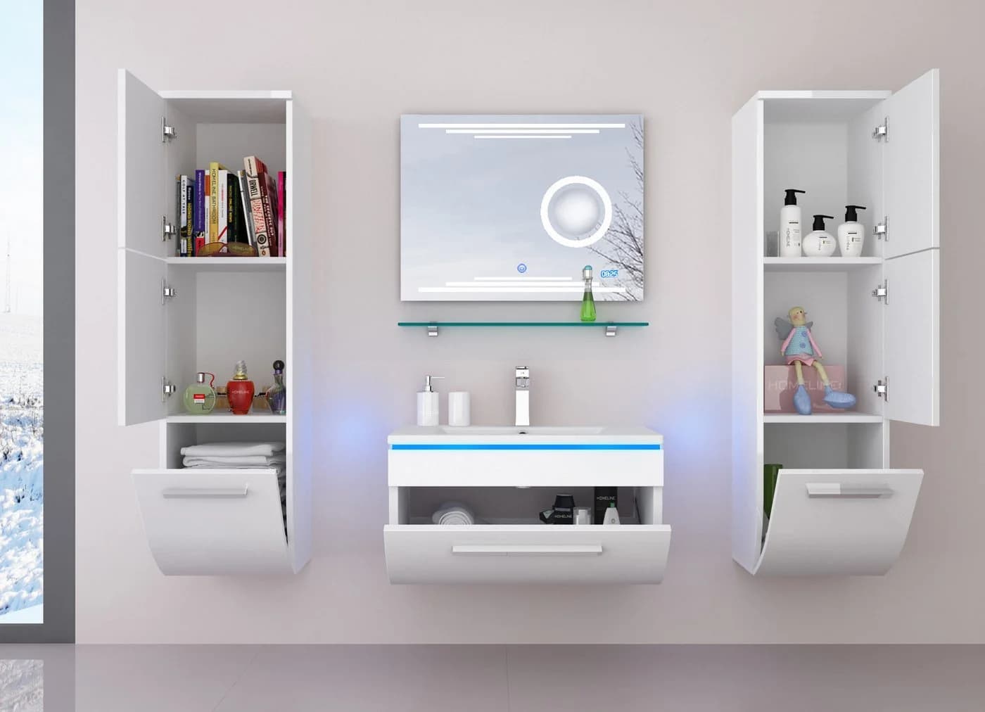 Homeline Badmöbel-Set 6-tlg. 70 cm Weiß Hochglanz LED Touch - Bild 5