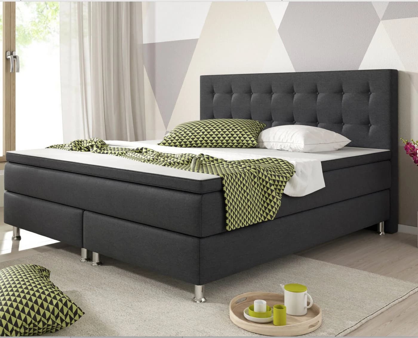Homeline Boxspringbett 180x200 cm Schwarz mit Matratze und Topper