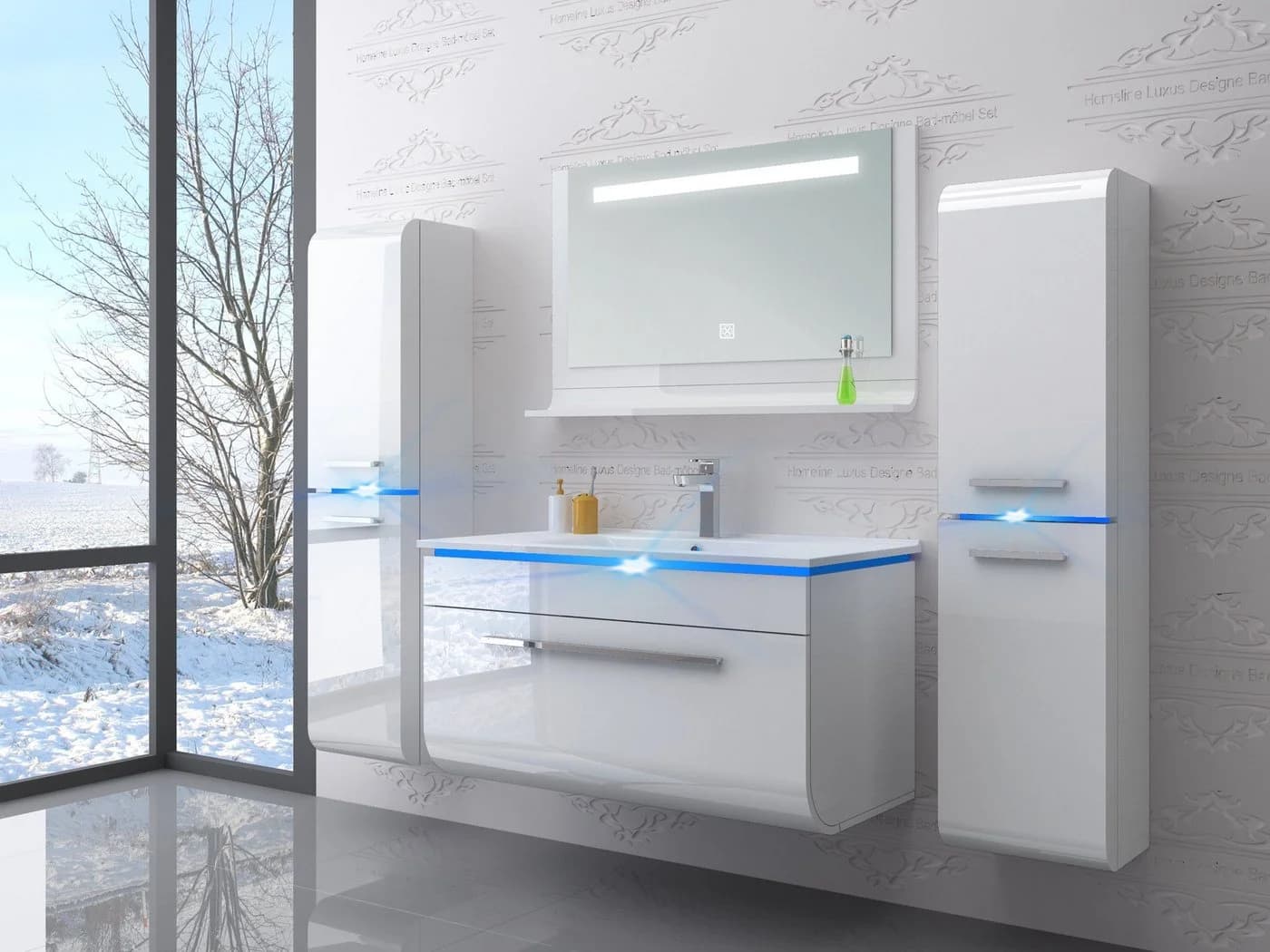 Homeline Badmöbel-Set 6-tlg. Weiß Hochglanz MDF Softclose LED