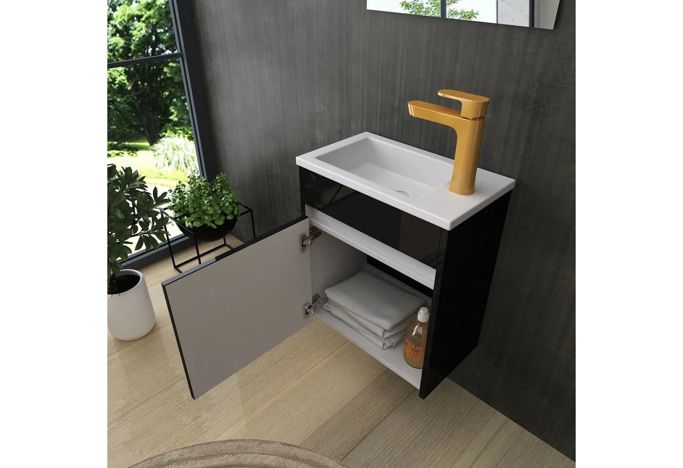 Homeline Badmöbel-Set 3-tlg. Schwarz/Weiß Hochglanz mit Keramik-Becken - Bild 5