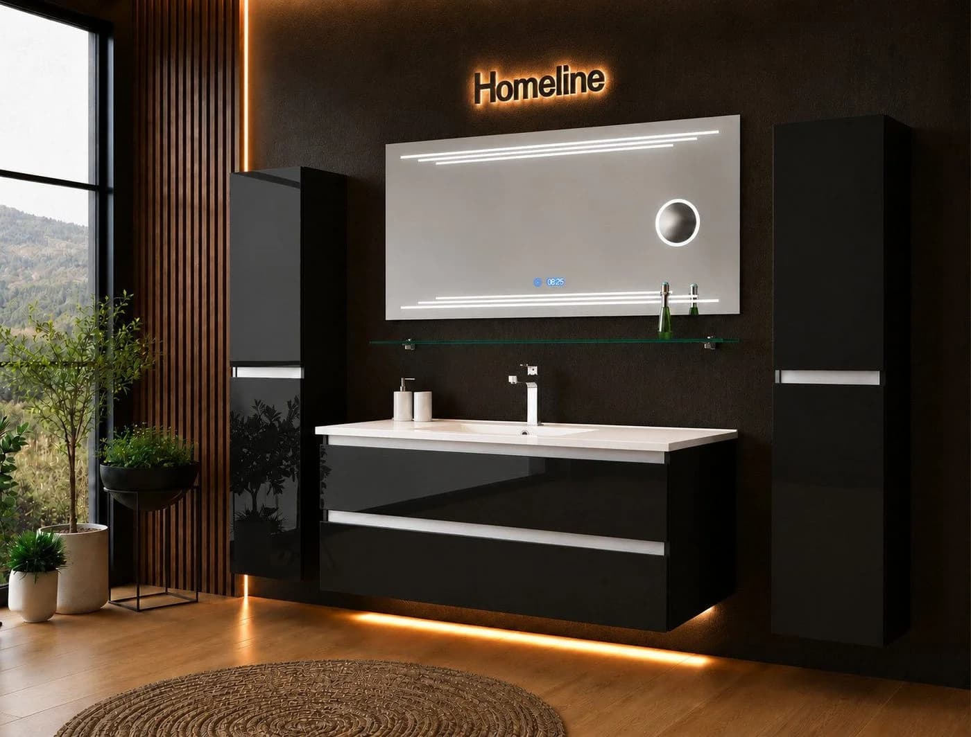Homeline Badmöbel-Set 6-tlg. Schwarz Hochglanz mit Hochschränken