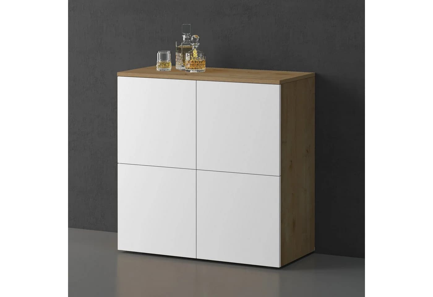 doporro Sideboard Kommode Weiß Matt/Kerneiche Push-to-Open Soft-Close