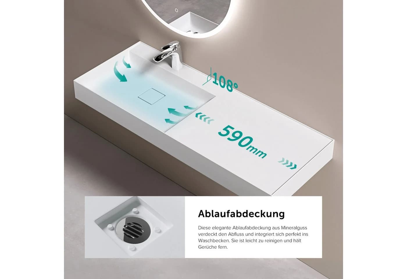 doporro Aufsatzwaschbecken Colossum630 Mineralguss Weiß inkl. Ablaufgarnitur - Bild 5
