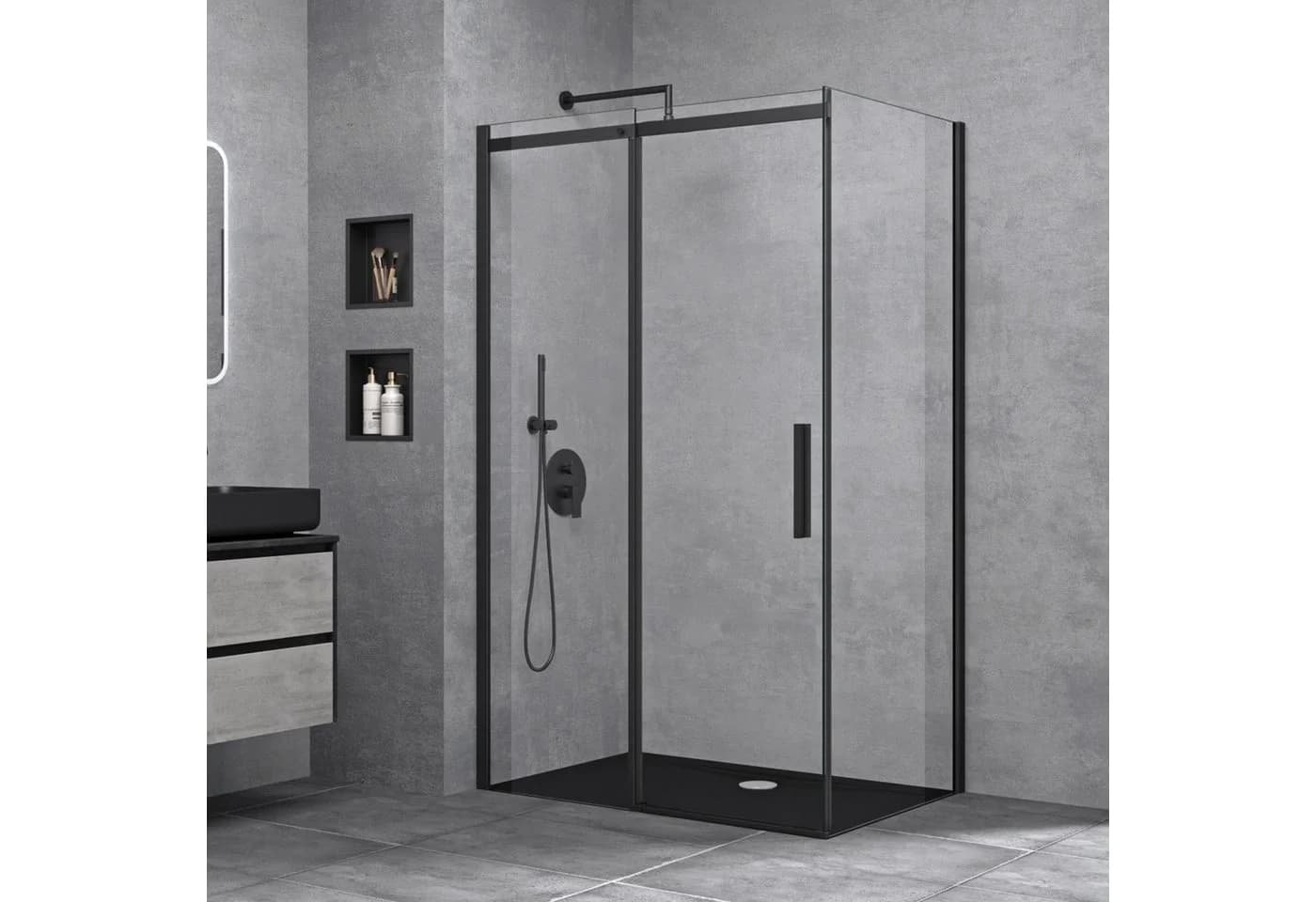 doppo Eckdusche Duschkabine Schiebetür 8mm ESG Schwarz 195x110x70cm