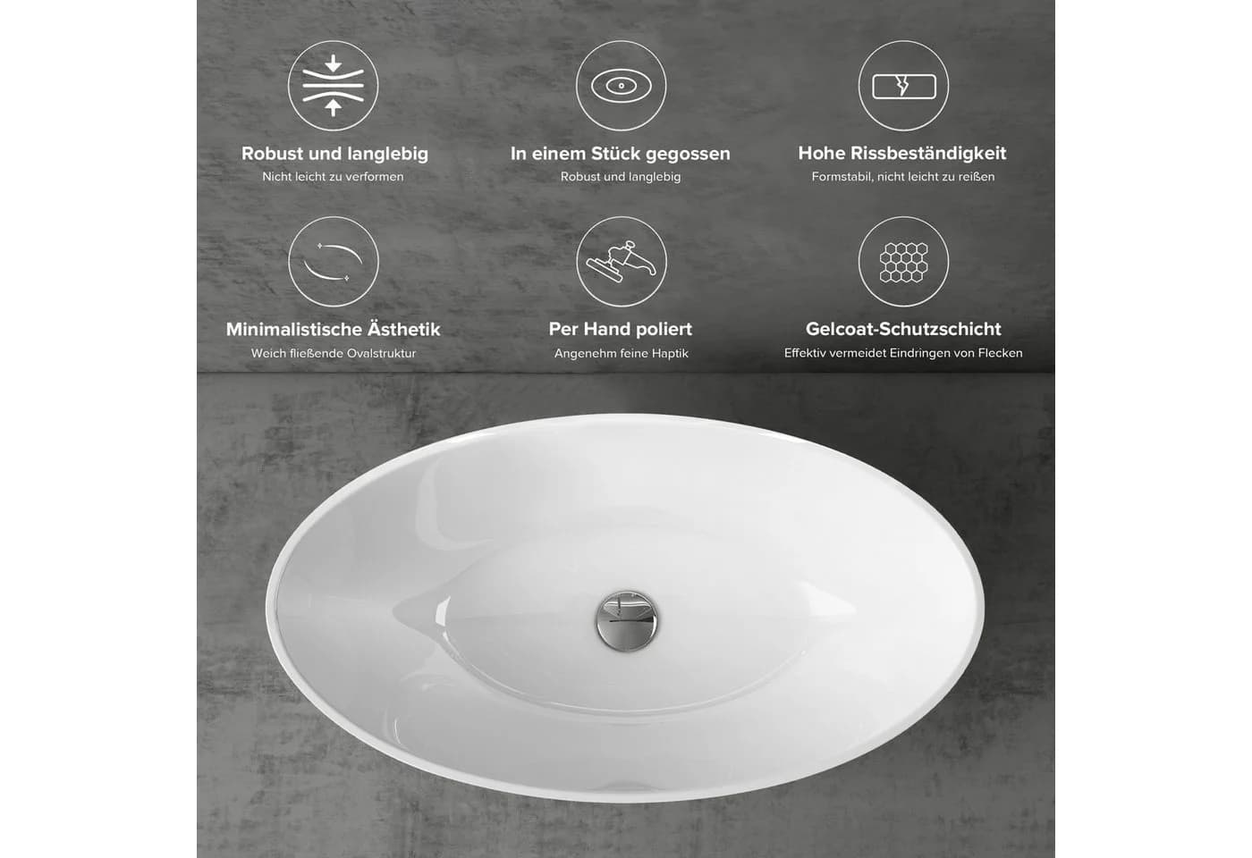 doporro Aufsatzwaschbecken Oval Mineralguss Weiß - Bild 3