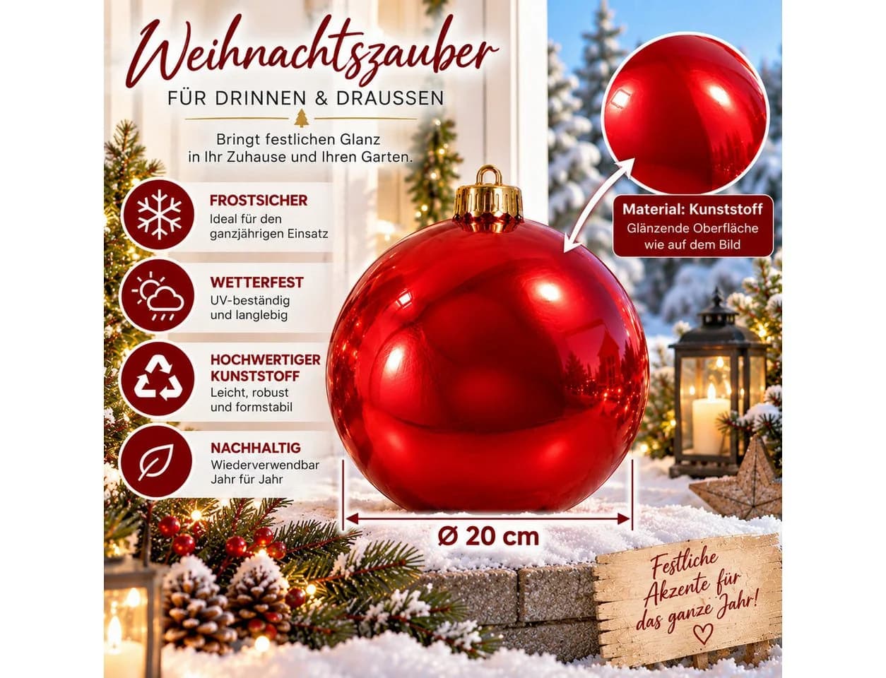 Annastore XXL Weihnachtskugel Rot Frostsicher Outdoor - Bild 4