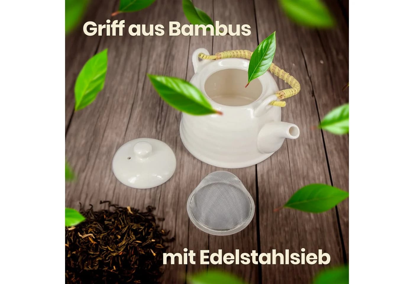 KVOTA Teekanne aus Keramik mit Bambusgriff und Sieb Weiß 600ml - Bild 4