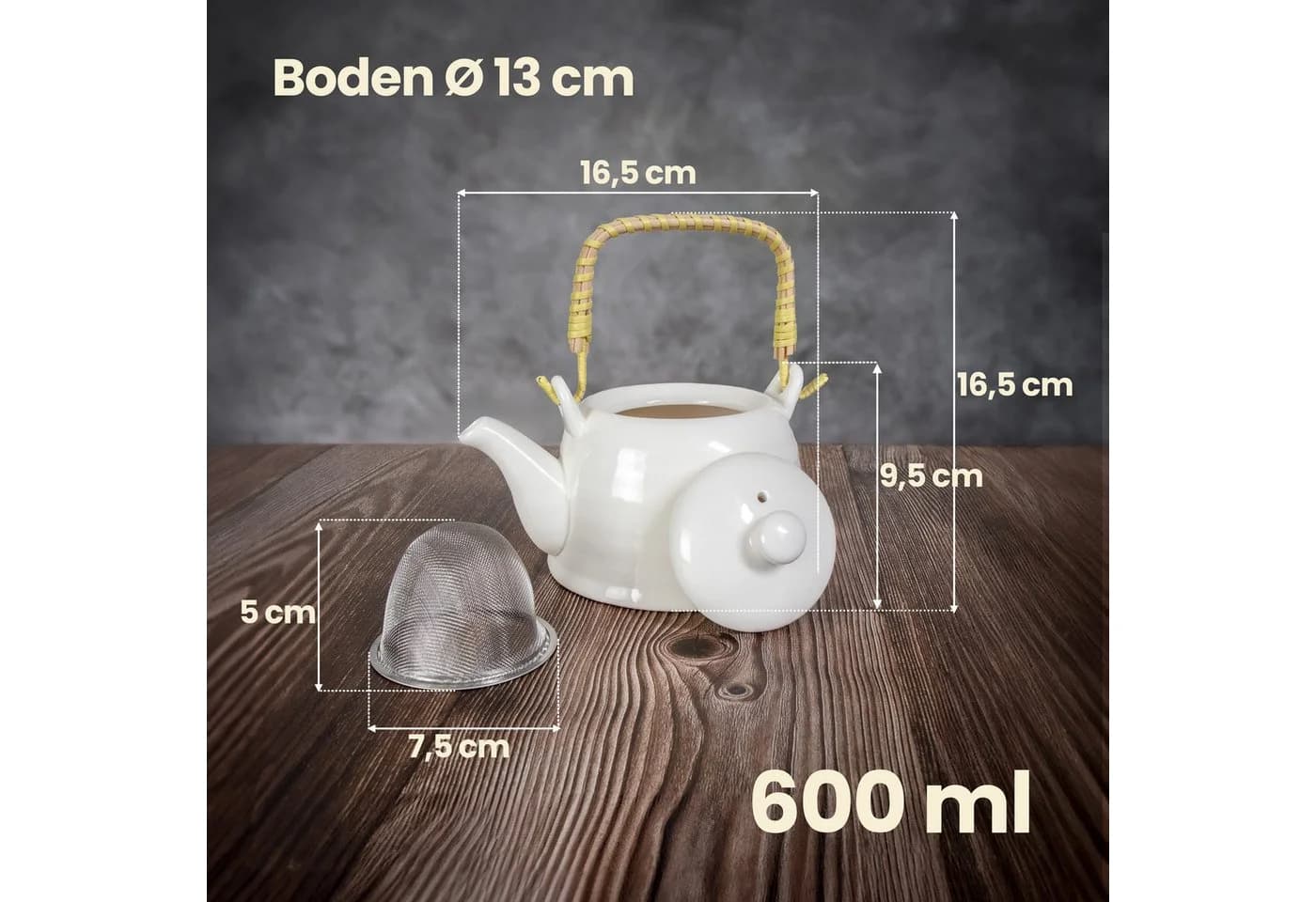 KVOTA Teekanne aus Keramik mit Bambusgriff und Sieb Weiß 600ml - Bild 5