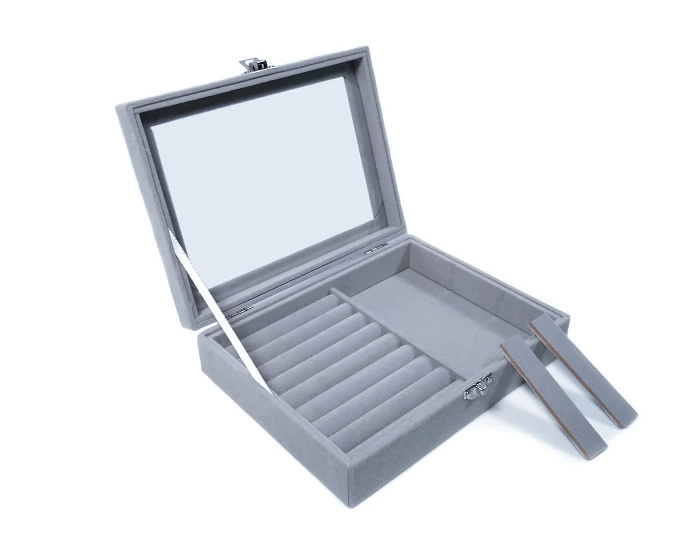 Yudu Schmucktablett Schmucklade Schmuckkästchen mit Glasdeckel grau - Bild 3
