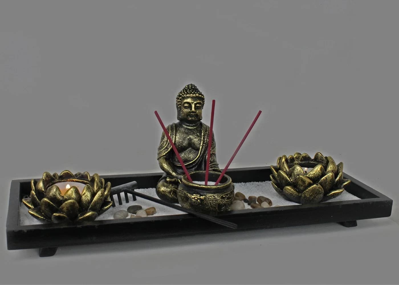 Yudu Zen-Garten Set mit Buddhafigur, Holzschale & Teelichthalter