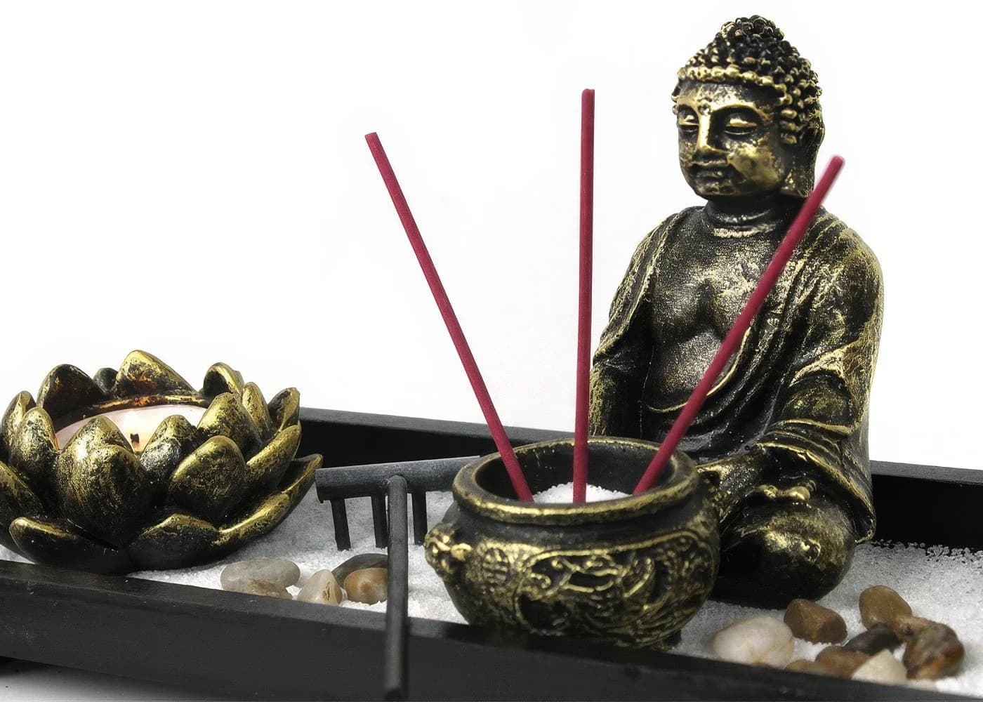 Yudu Zen-Garten Set mit Buddhafigur, Holzschale & Teelichthalter - Bild 3