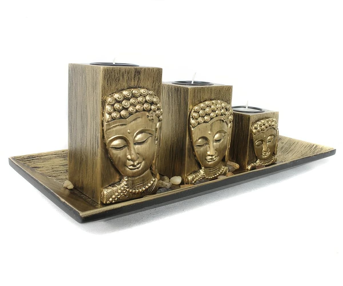 Yudu 3er Deko-Teelichthalter Fengshui Buddhakopf 3D Effekt Gold