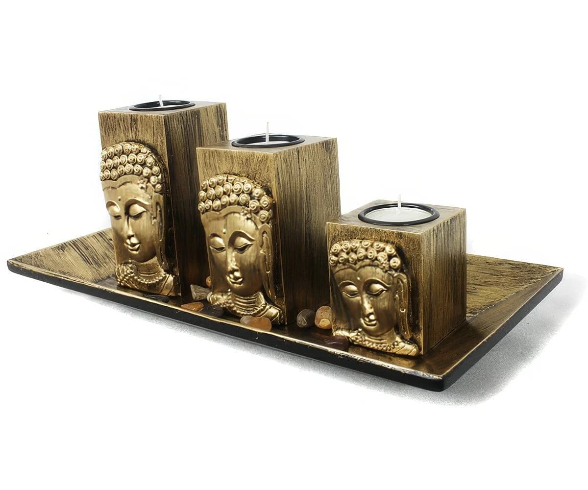 Yudu 3er Deko-Teelichthalter Fengshui Buddhakopf 3D Effekt Gold - Bild 2