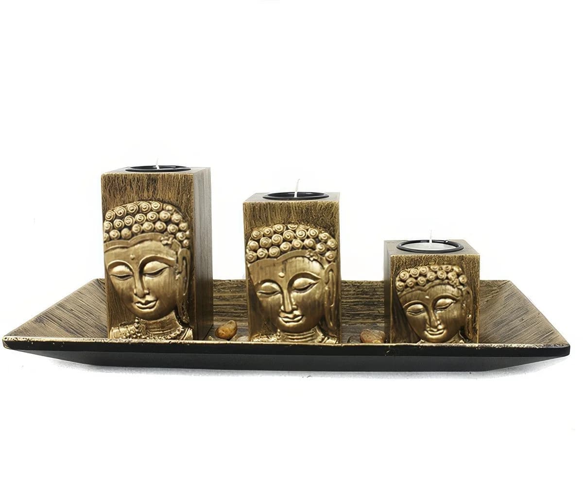 Yudu 3er Deko-Teelichthalter Fengshui Buddhakopf 3D Effekt Gold - Bild 3
