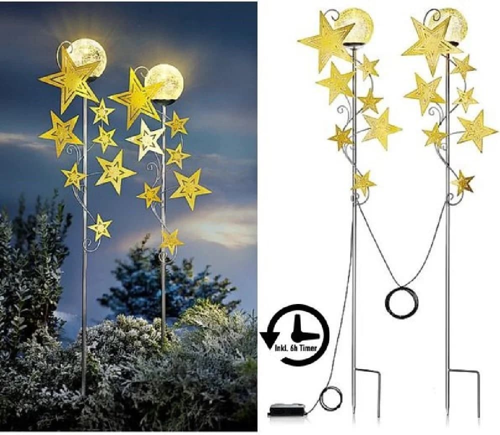 Luna24 LED Gartenstecker Sternenzauber 2er Set Gold/Transparent mit Timer