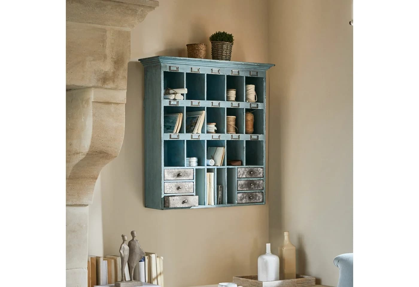Mirabeau Regal Andover graublau mit 19 Fächern und 6 Schubladen