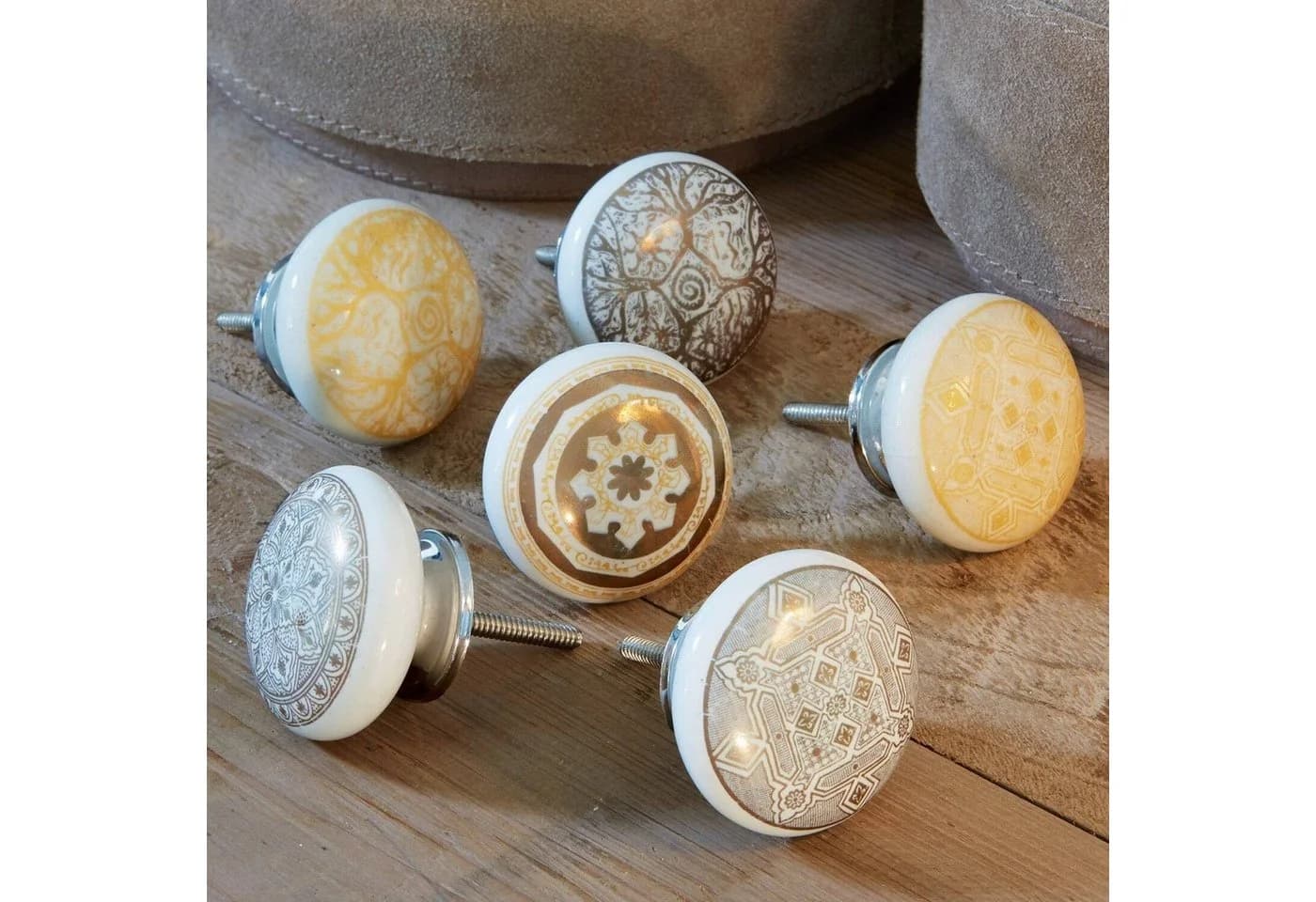 Mirabeau Kommodengriffe 6er Set Tuffé Grau/Gold Keramik & Eisen