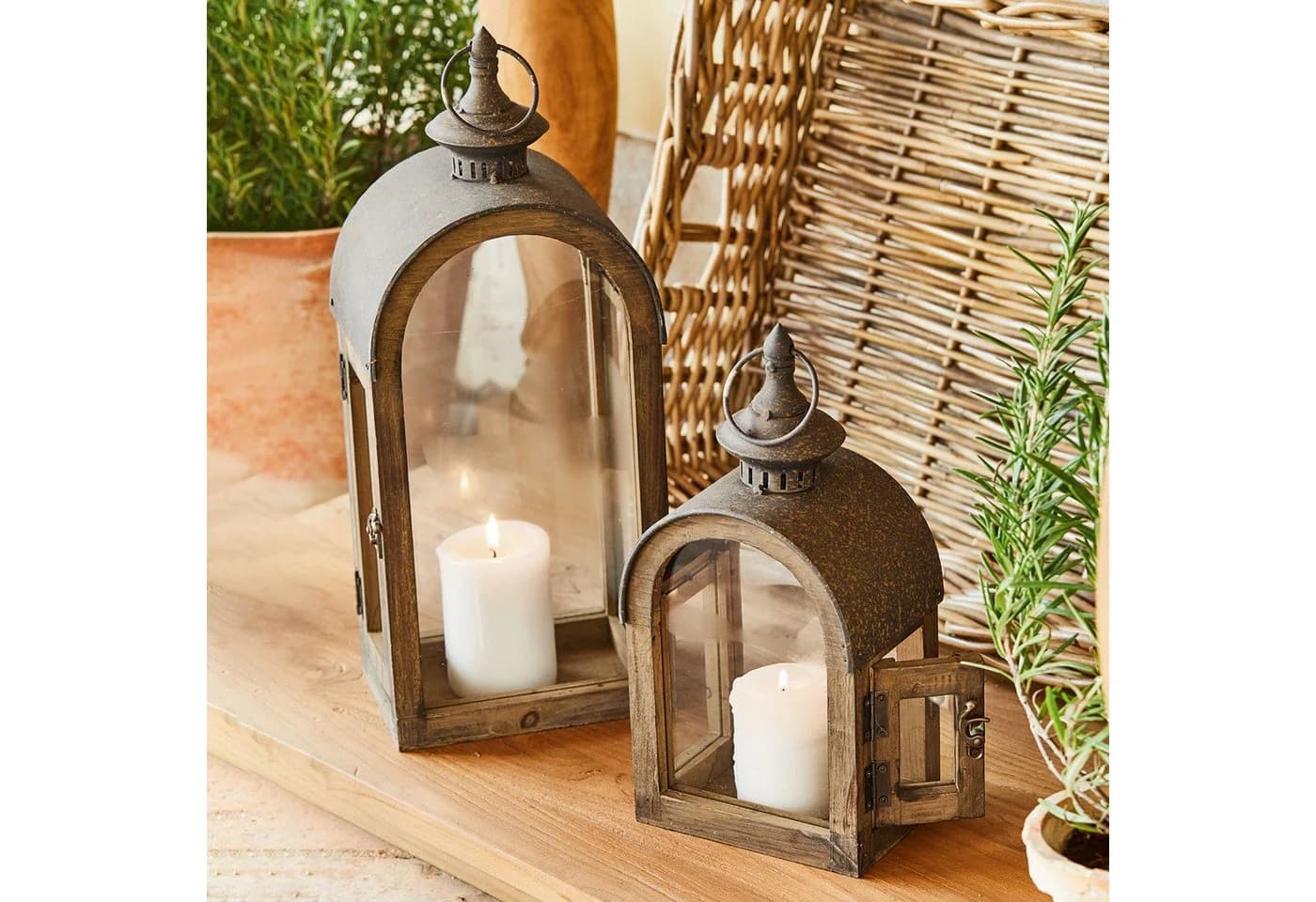 Mirabeau Kerzenlaterne Jadon 2er Set antikbraun Holz & Stahl