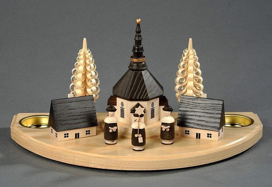 Albin Preißler Teelichthalter Seiffener Dorf mit Kurrende, Handwerkskunst aus dem Erzgebirge, weihnachtlicher Kerzenhalter aus Eschenholz
