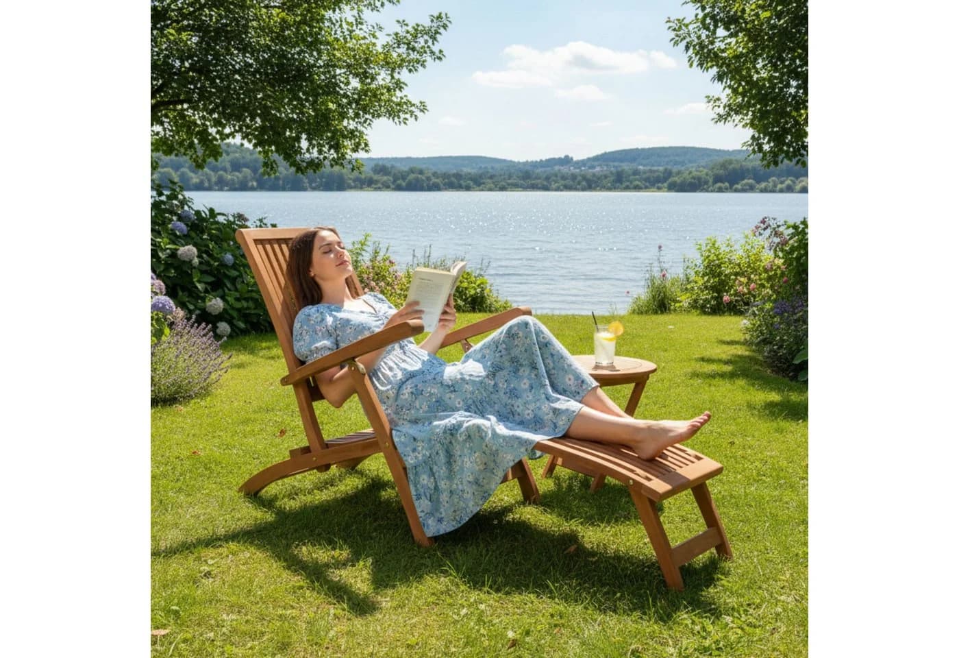 MR.DEKO Gartenliege Yacht Teak Mehrfach Verstellbar Mit Fußteil