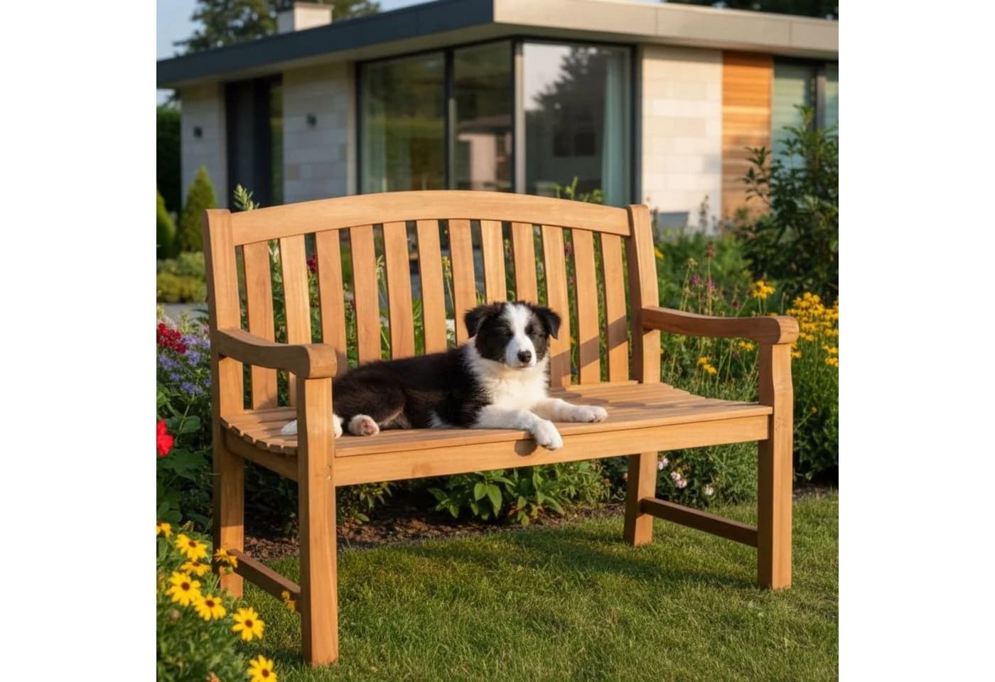 MR.DEKO Gartenbank Swindon Teak 2-Sitzer massiv wetterfest