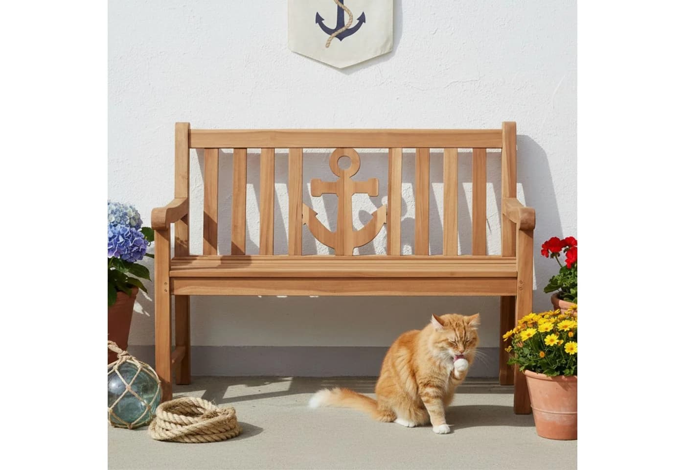 MR.DEKO Gartenbank Teak Anker 120 cm Massivholz Maritim