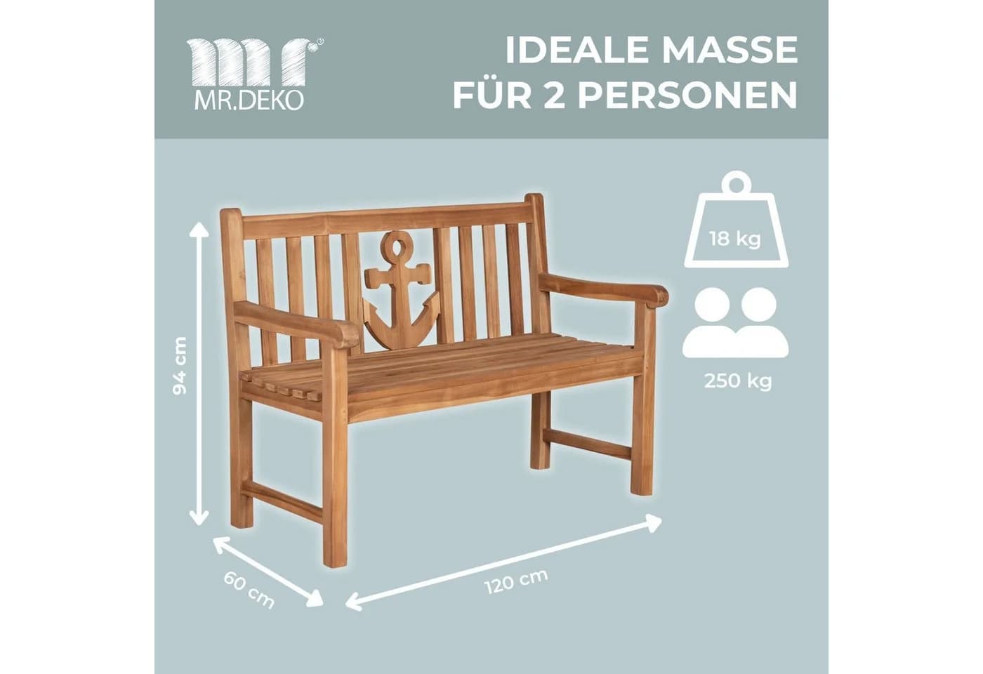 MR.DEKO Gartenbank Teak Anker 120 cm Massivholz Maritim - Bild 3