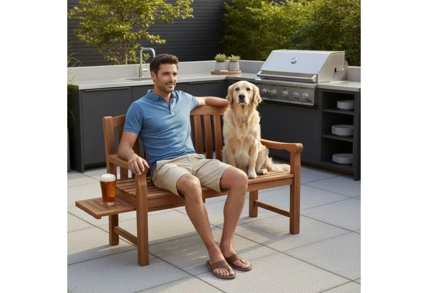 MR.DEKO Gartenbank Lancaster Teak Holz Bank 120cm mit Seitentisch