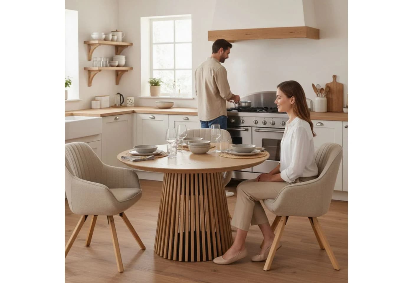 MR.DEKO Esszimmer-Set Diningsessel-Set 4x Stuhl Matera Beige & Tisch Oria Eiche 120x90 cm