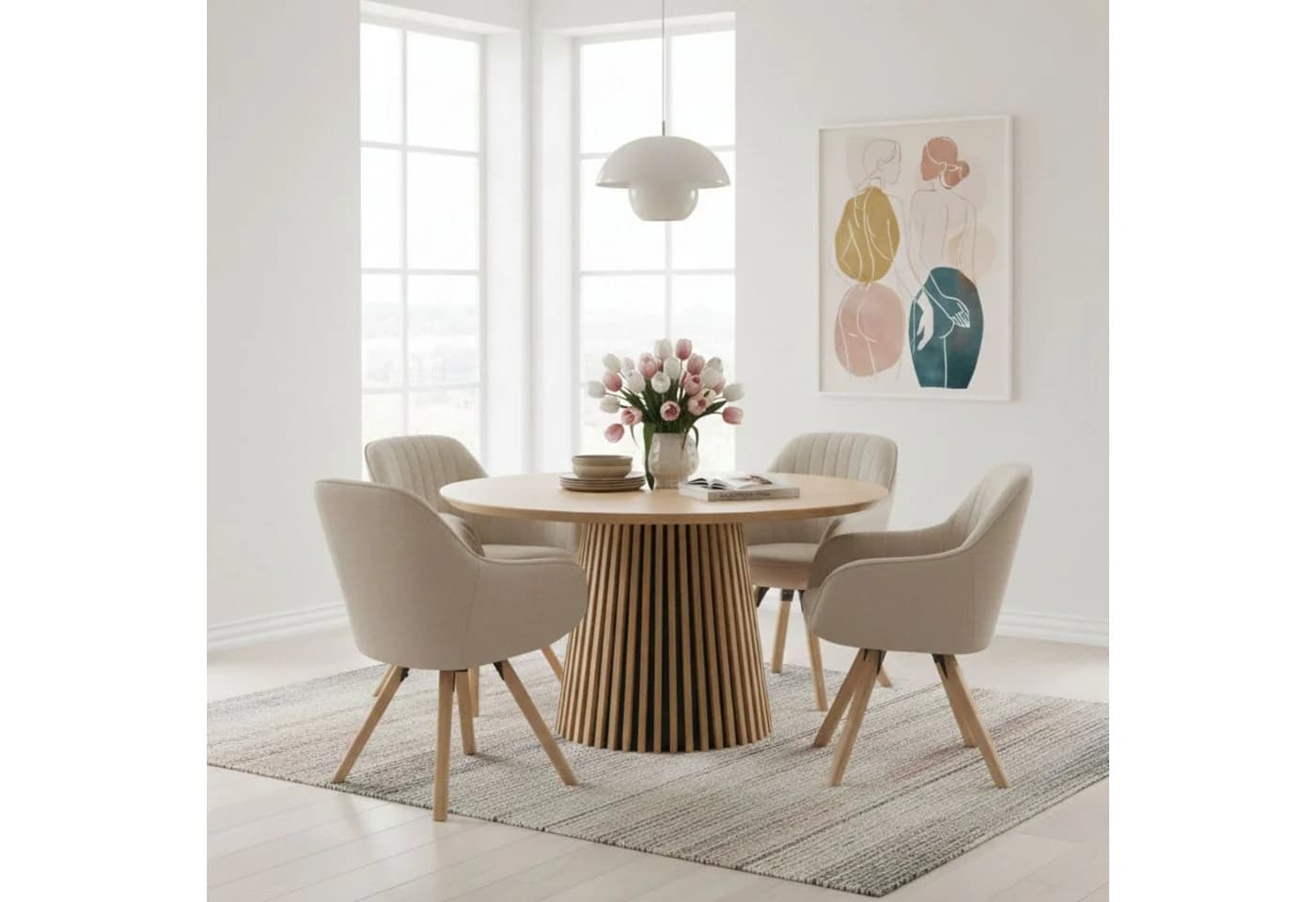 MR.DEKO Esszimmer-Set Diningsessel-Set 4x Stuhl Matera Beige & Tisch Oria Eiche 120x90 cm - Bild 5