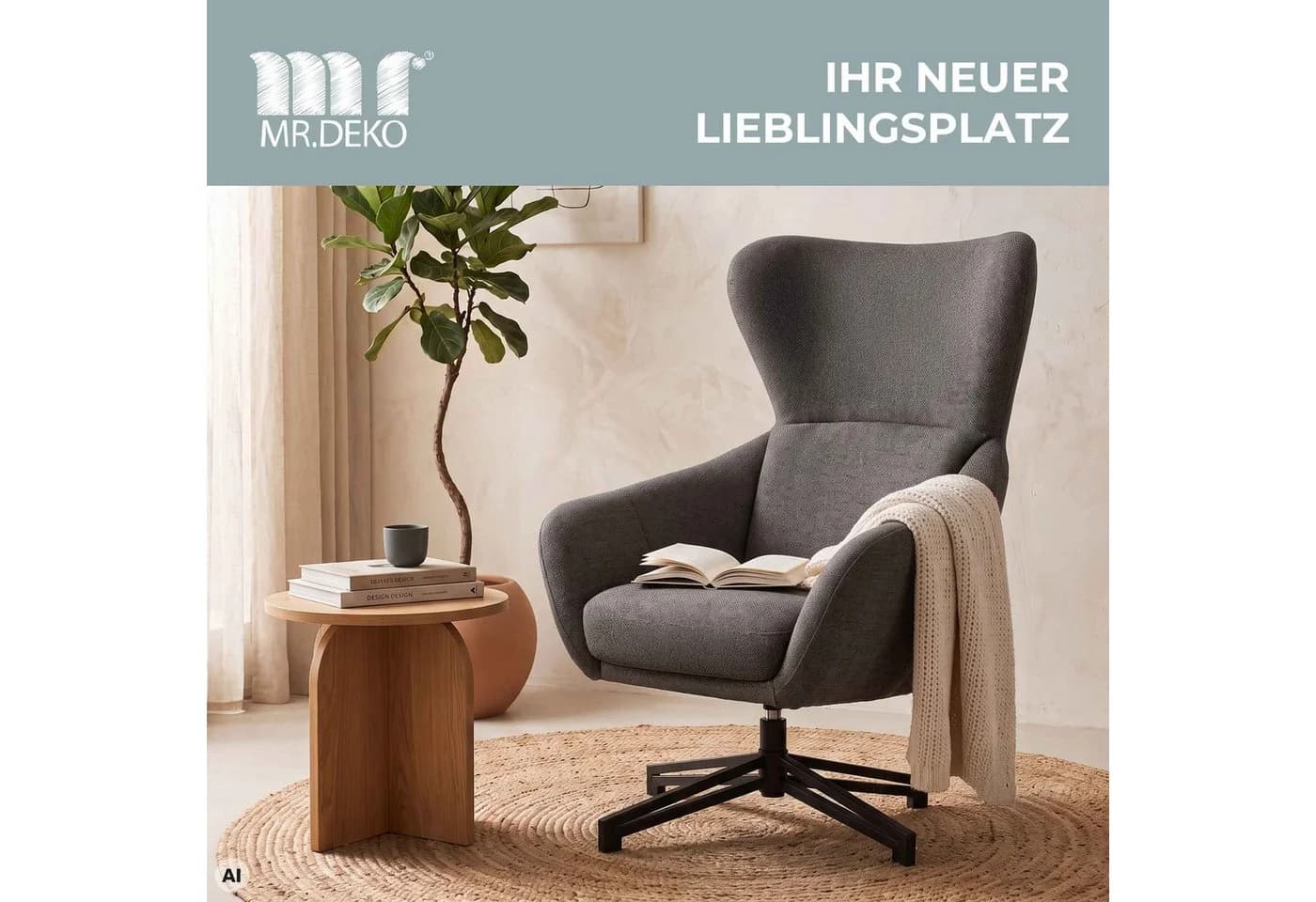 MR.DEKO Ohrensessel Marconia grau drehbar mit 360° Funktion